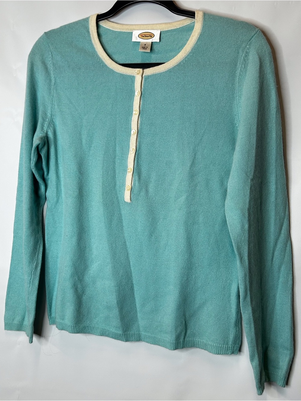 Talbots Teal Crewneck Henley Sweater with Cream Trim